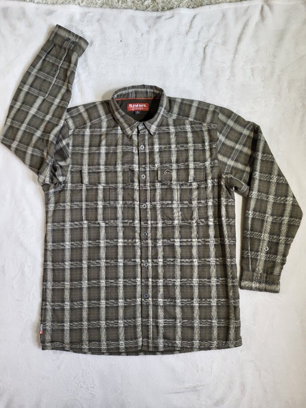 Simms Fishing Flannel Button Up Shirt MicroGrid Fleece Lined Plaid Men's L